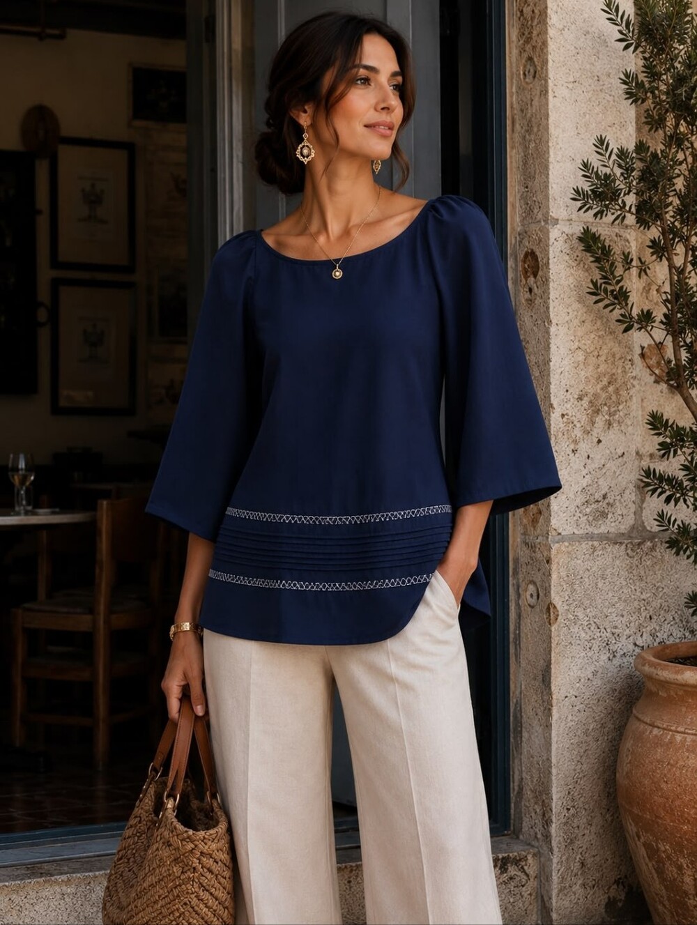 Made In Italy 100% Linen Elegant Navy Women’s Blouse with Pintuck Detail
